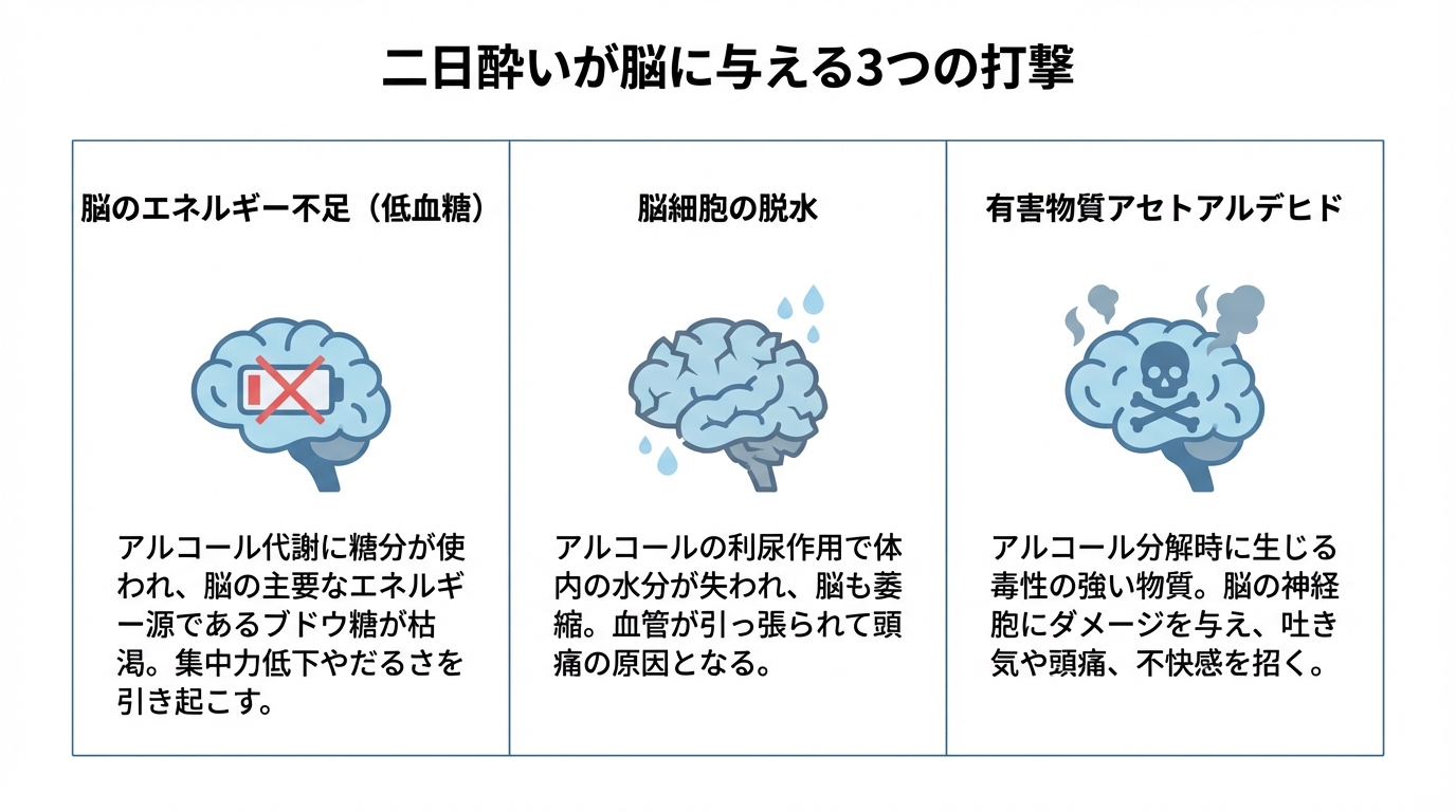 二日酔いが脳機能に与える3つの原因(低血糖、脱水、アセトアルデヒド)を分かりやすく解説した図解。