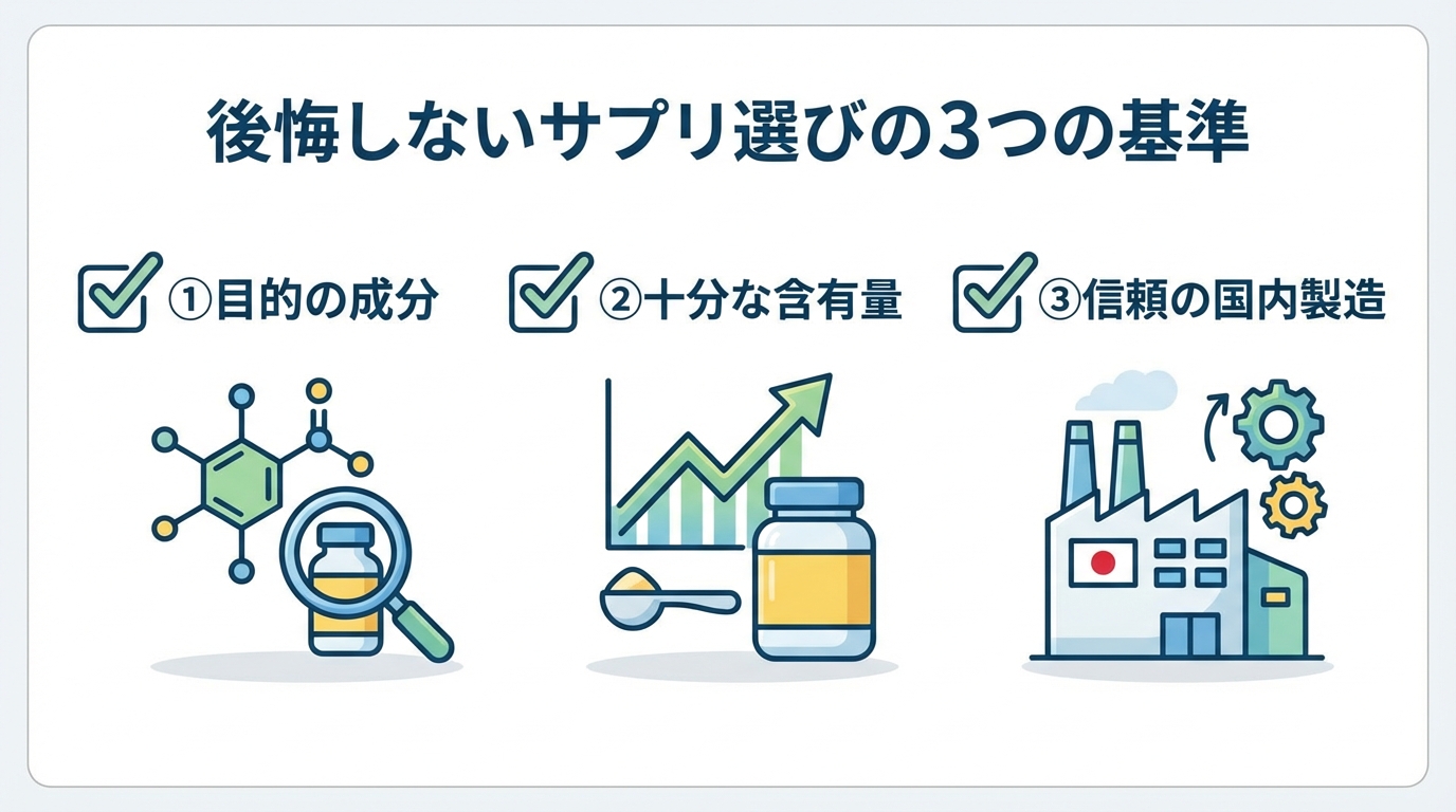 サプリメントを選ぶ際の3つの重要な基準(成分、含有量、製造工場)を示したインフォグラフィック。