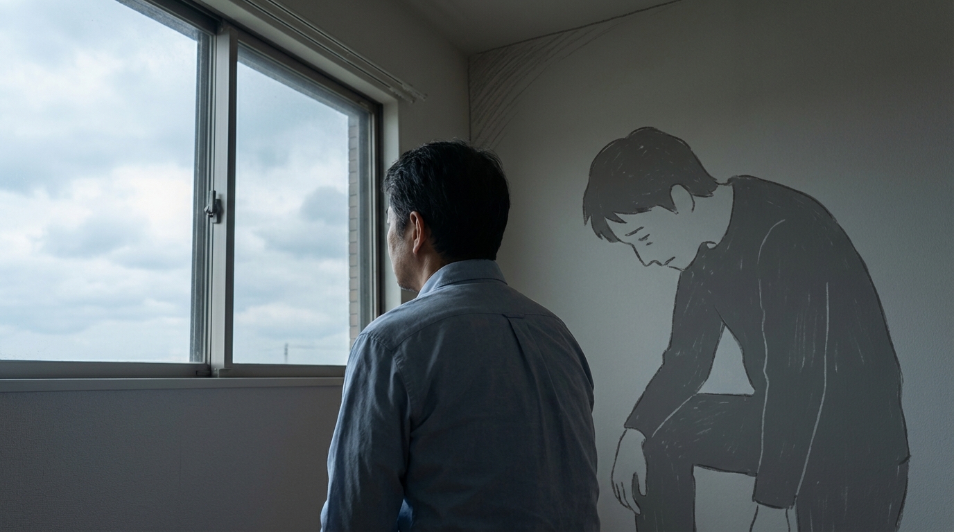 やる気が出ずに悩んでいる50代男性が窓の外を眺めているイラスト