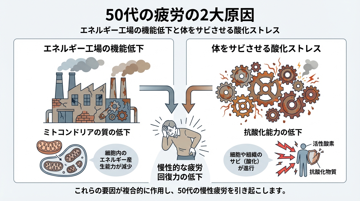 50代の疲れの2大原因である「エネルギー工場の機能低下」と「酸化ストレスの増大」を解説する図解。