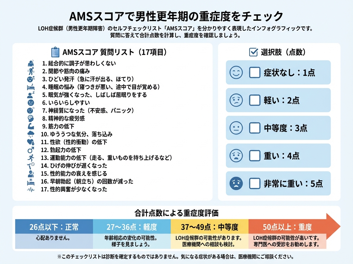LOH症候群（男性更年期）のセルフチェックに使われるAMSスコアの質問票と評価基準を示した図解