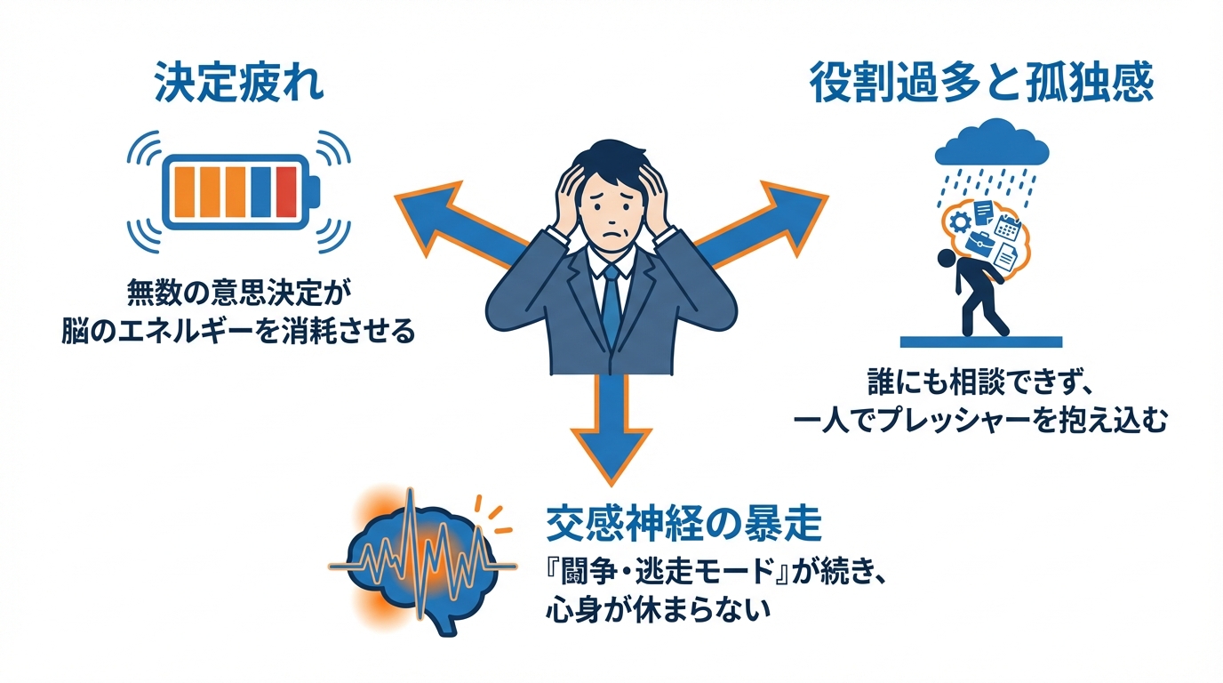 経営者・管理職が精神的に疲弊する3つの要因（決定疲れ、役割過多と孤独感、交感神経の暴走）を解説する図解。