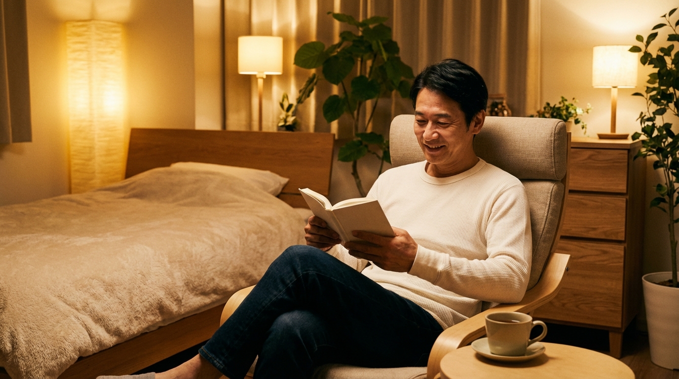 就寝前に間接照明の灯る寝室で読書をしながらリラックスしている50代男性。質の高い睡眠のための穏やかな就寝前ルーティンを象徴している。