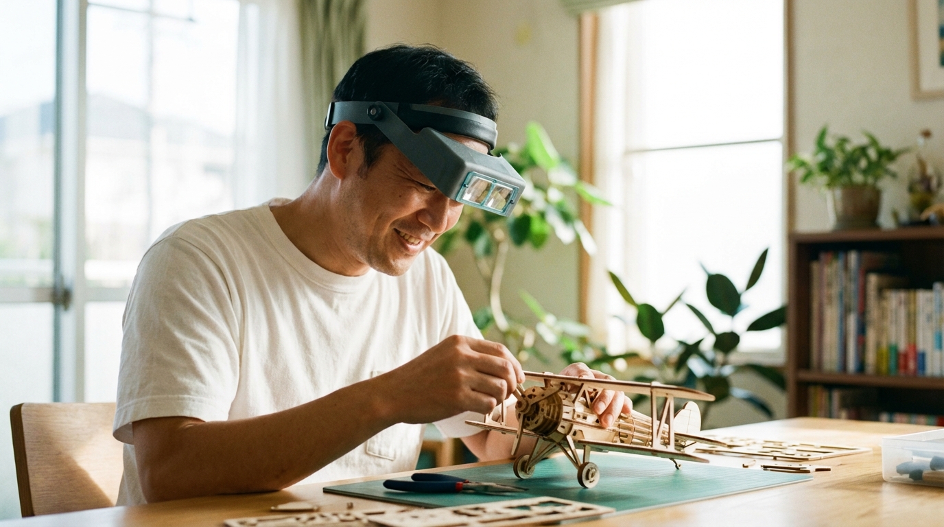 週末に趣味の模型作りに没頭し、精神的なエネルギーを再充電している管理職の男性。