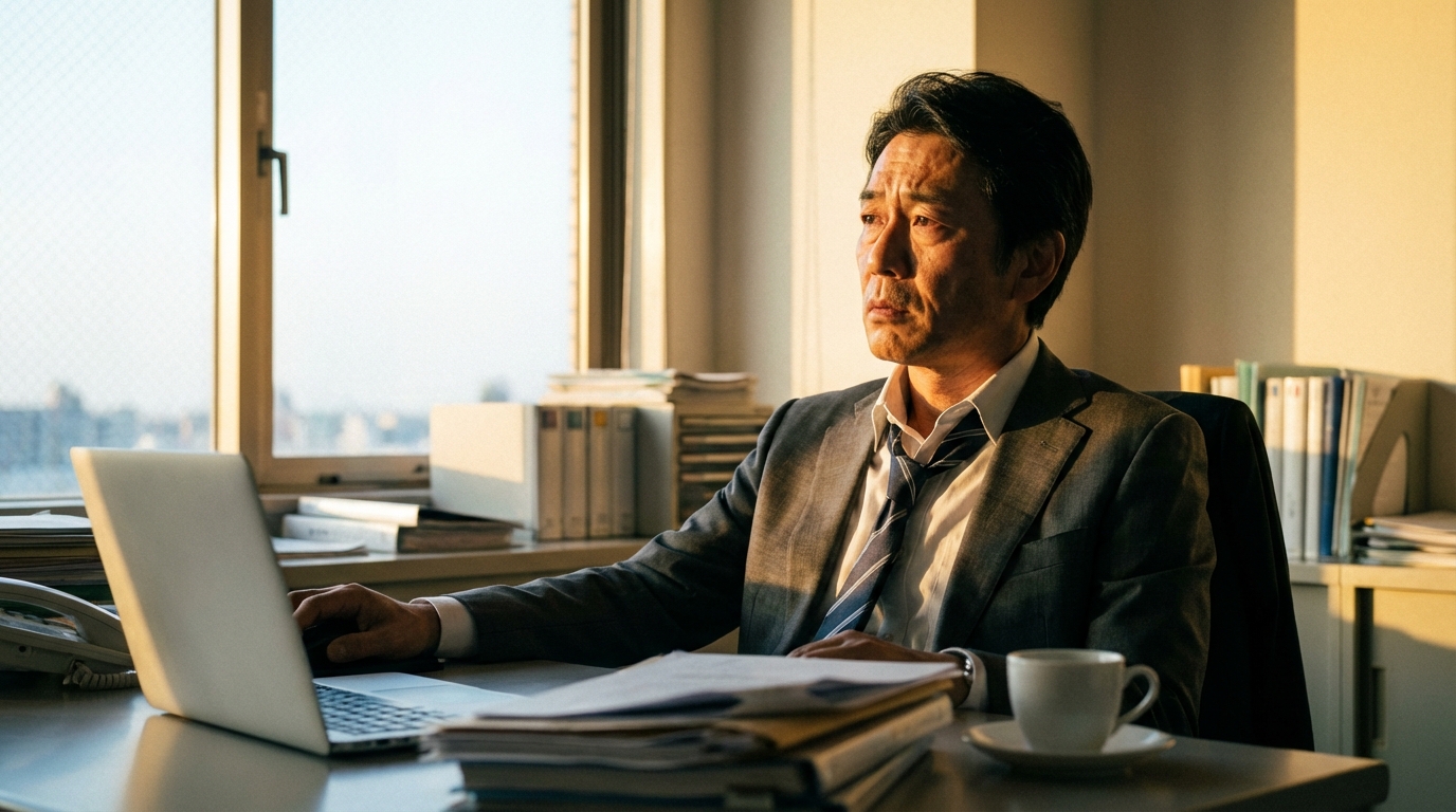 デスクワーク中に疲れを感じ、窓の外を眺める50代の男性ビジネスパーソン