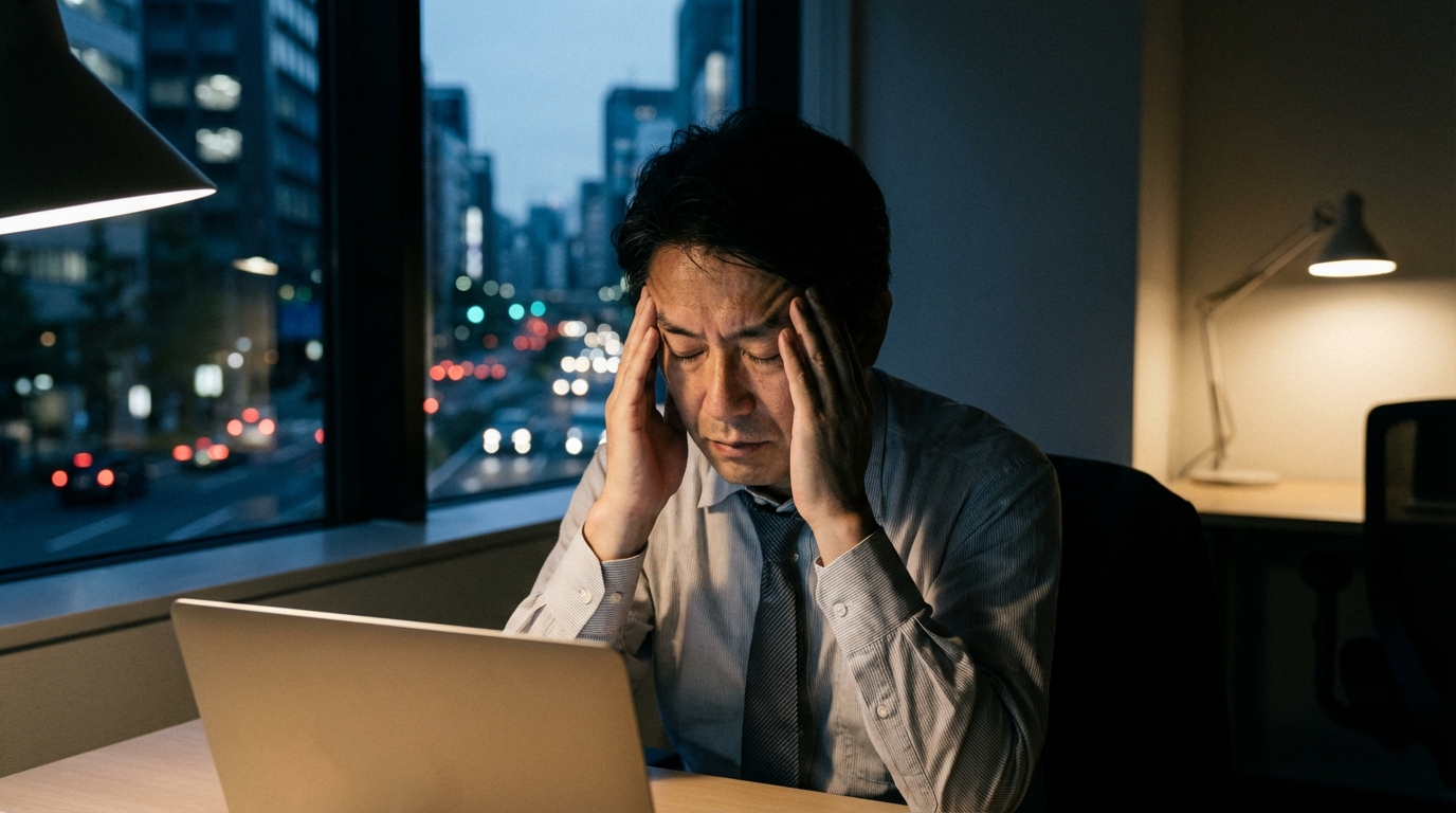 デスクワークで脳疲労を感じ、こめかみを押さえる50代の男性管理職