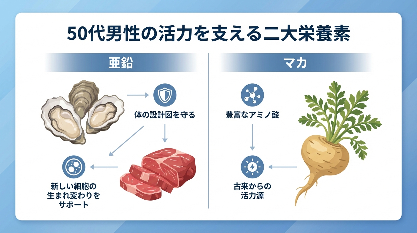 50代男性の活力に重要な亜鉛とマカの役割を比較した図解。亜鉛は体の設計図を守り、マカは豊富なアミノ酸を含む活力源であることを示している。