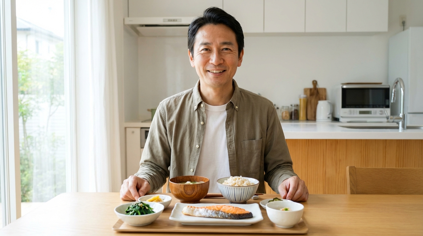 パフォーマンス維持のために栄養バランスの取れた食事を摂る50代男性