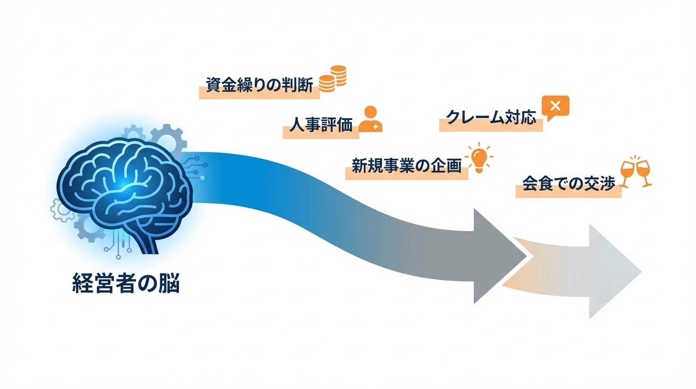 経営者の脳が日々の膨大な決断によってエネルギーを消耗していく様子を示した図解。「意思決定疲労」の概念を視覚的に表現しています。