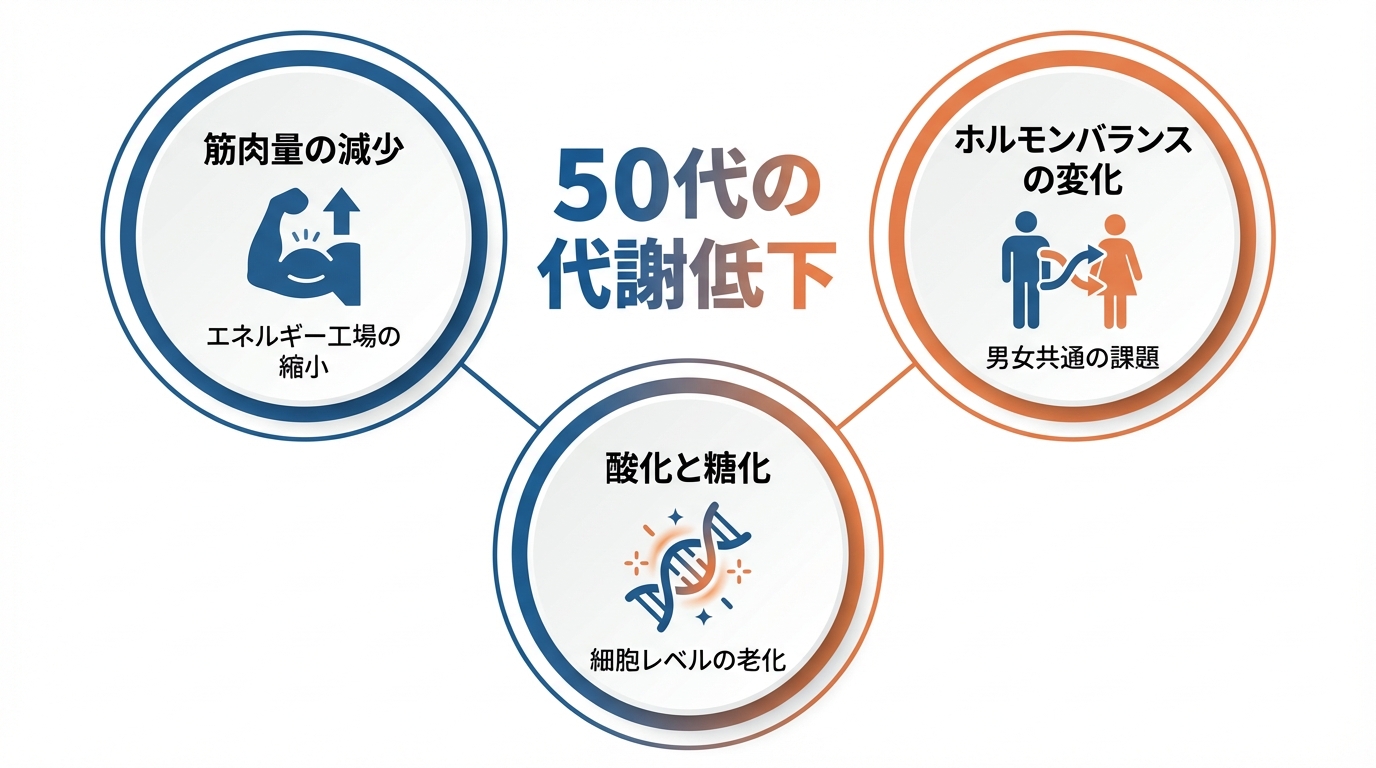 50代で代謝が落ちる3つの原因（筋肉量の減少、ホルモンバランスの変化、酸化と糖化）を解説した図解。