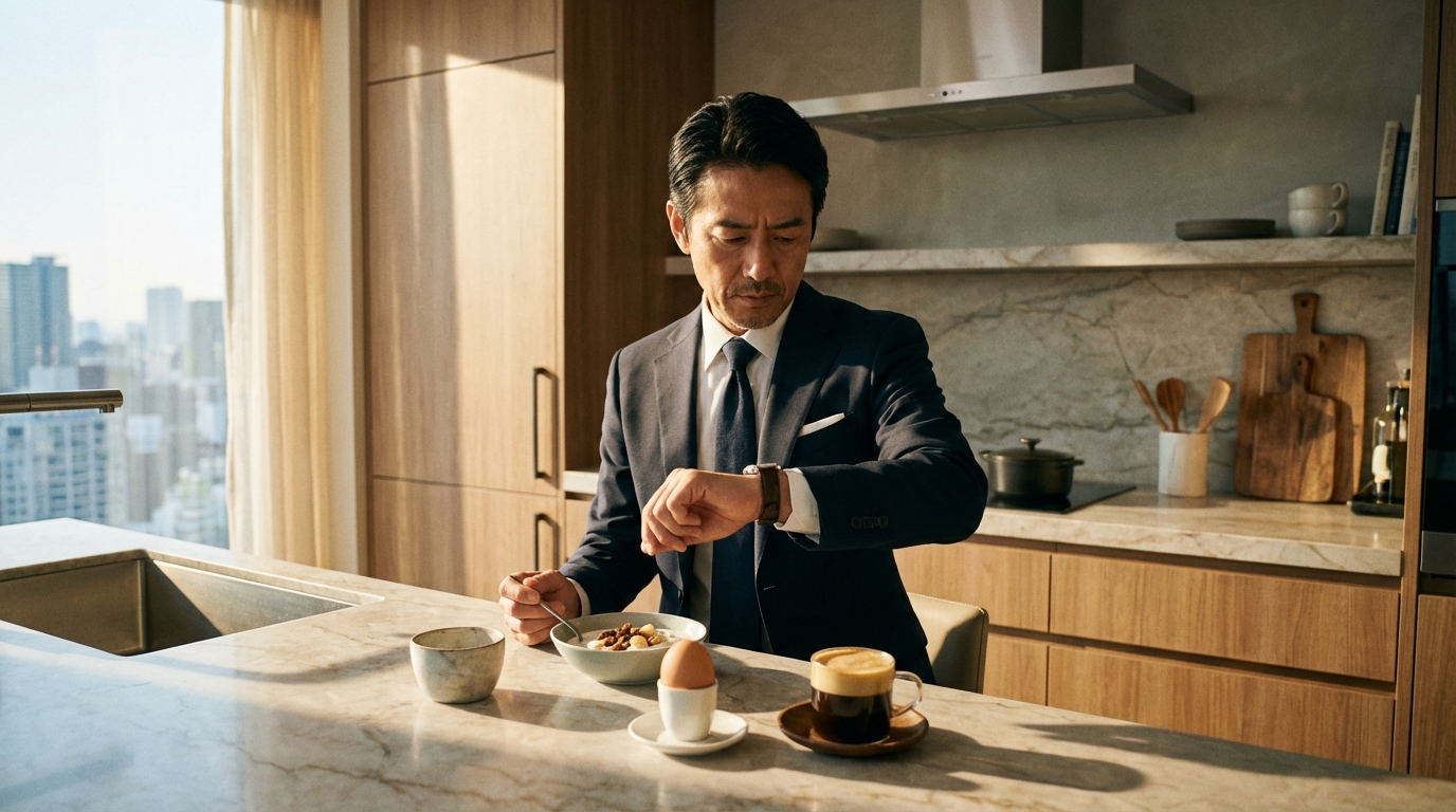 多忙な50代経営者が、集中力を高めるためにタンパク質が豊富な朝食を手早く摂っている様子。パフォーマンス向上に繋がる食生活を象徴しています。