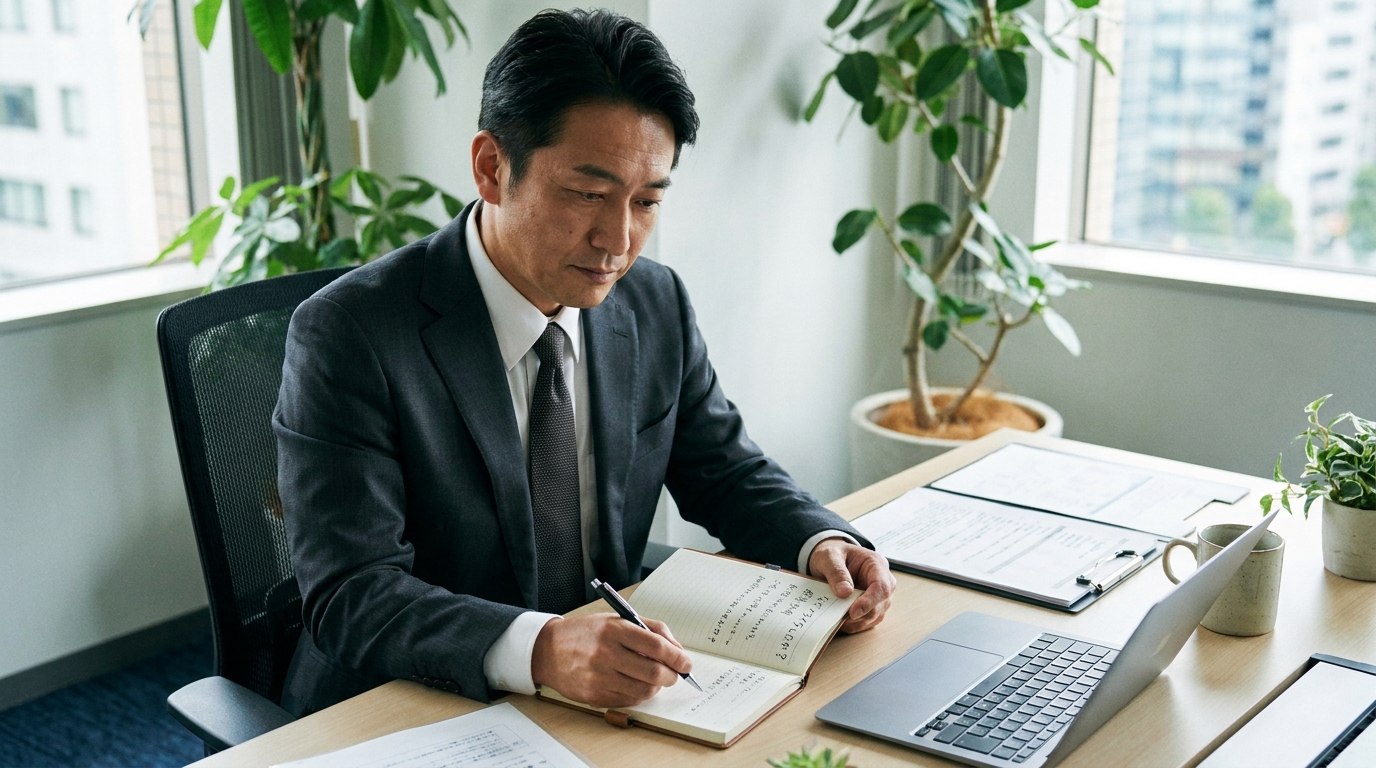 アンガーログを実践する管理職のイラスト。ノートに怒りの原因を書き出すことで感情を客観視している様子。