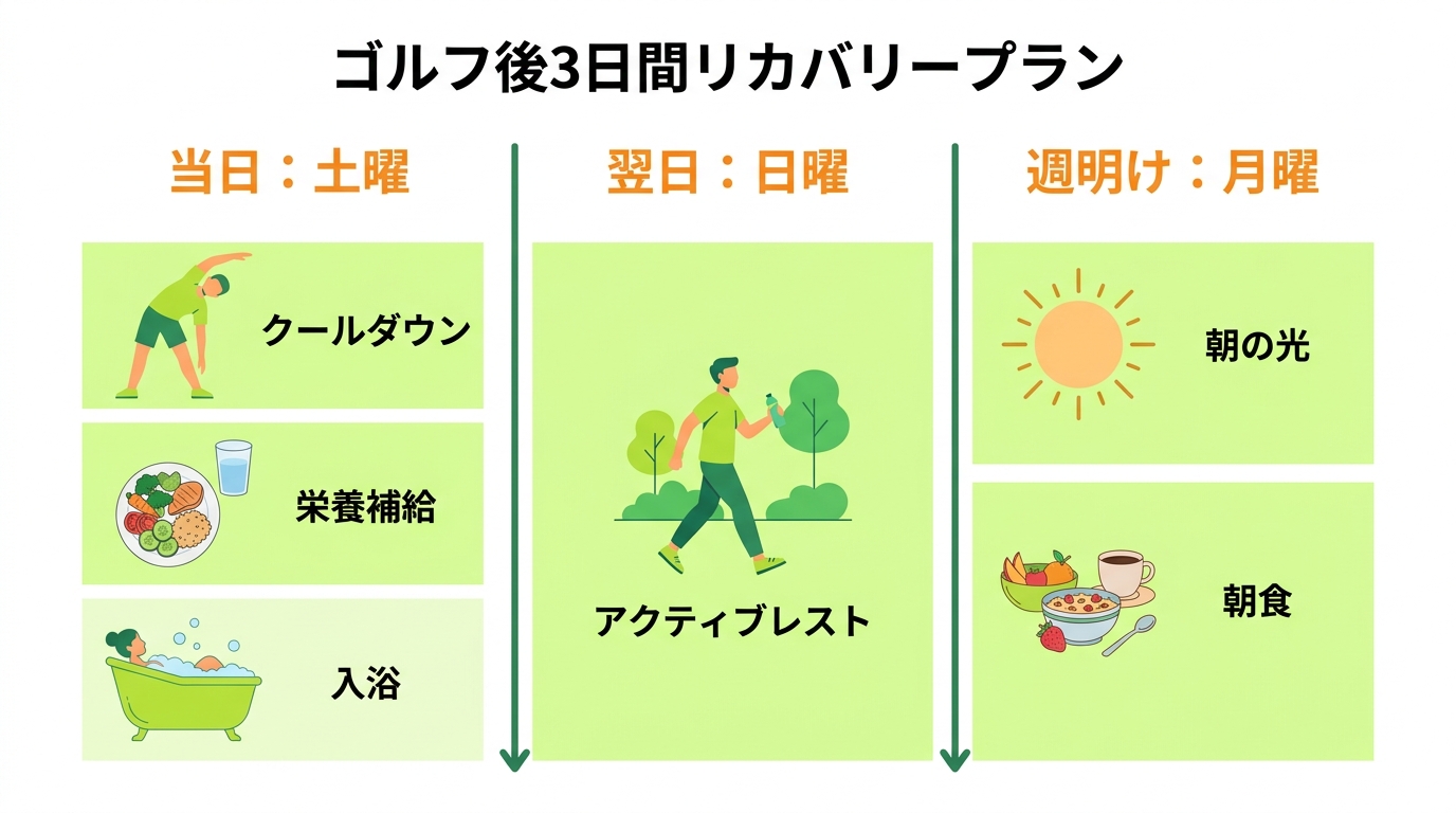 ゴルフ後の3日間リカバリープランの図解。土曜の即時ケア、日曜のアクティブレスト、月曜の朝の習慣が時系列で示されている。