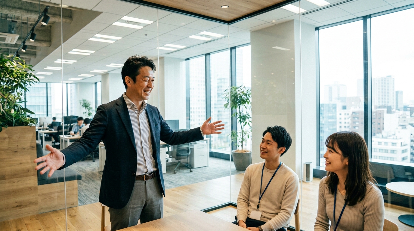 部下に対して自己開示をすることで、心理的安全性の高いチームを作っている管理職の様子。