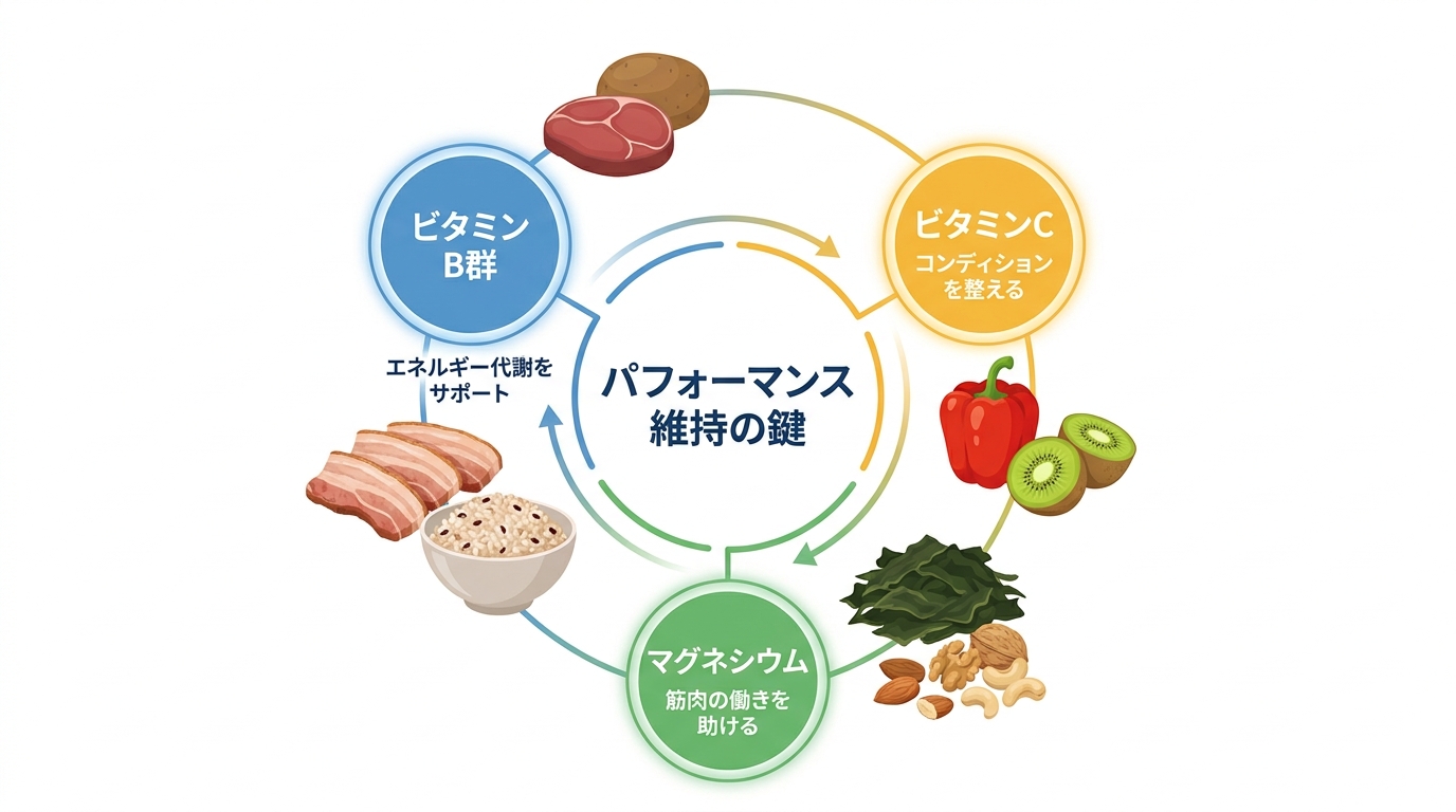 パフォーマンス維持に重要なビタミン・ミネラルとその働き、含まれる食材をまとめた図解。ビタミンB群、ビタミンC、マグネシウムが紹介されている。