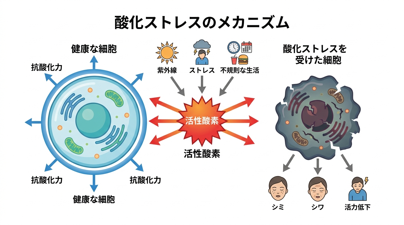 酸化ストレスのメカニズムを図解したインフォグラフィック。活性酸素が健康な細胞を傷つけ、シミやシワ、活力低下を引き起こす過程が示されている。