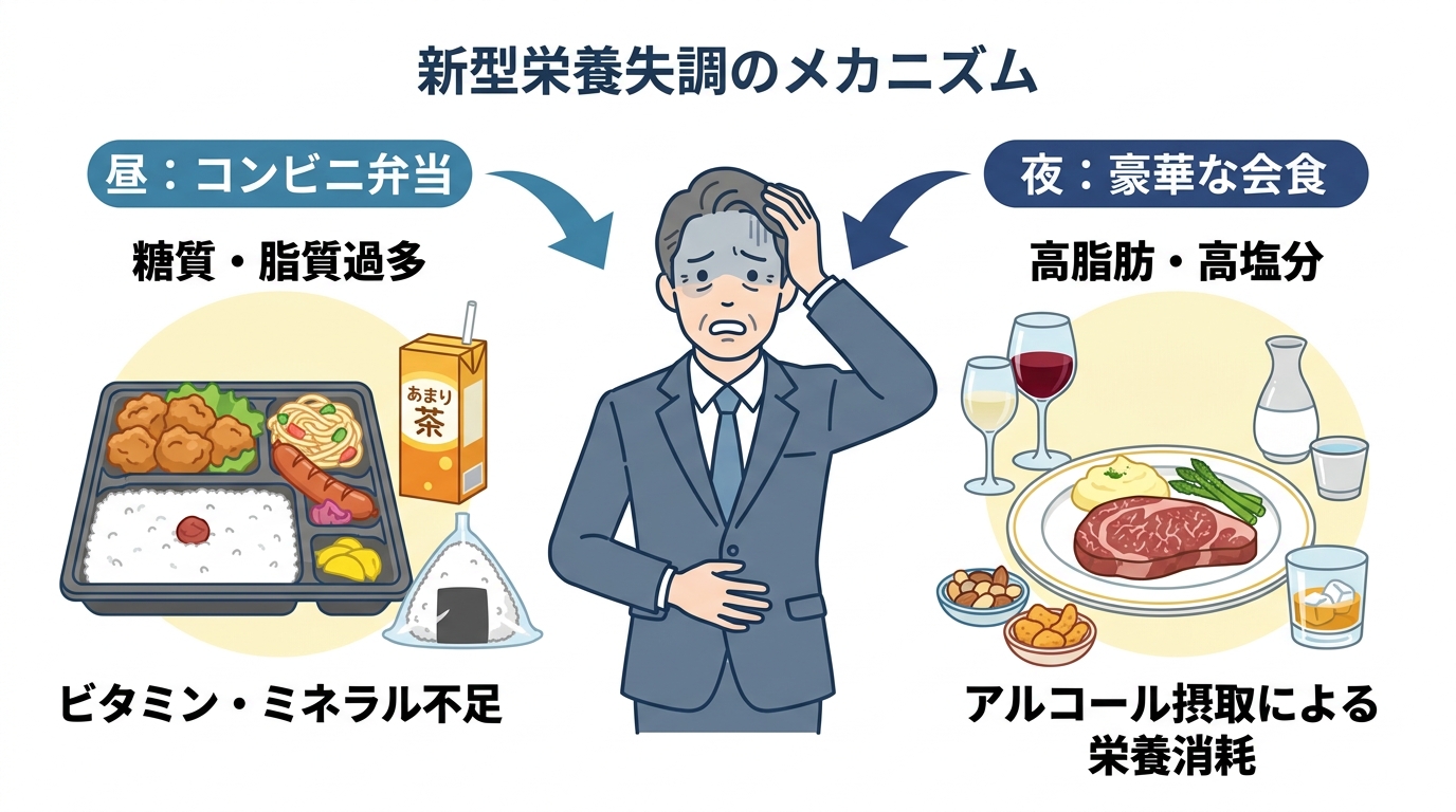 コンビニ弁当と接待という両極端な食事が50代ビジネスパーソンの新型栄養失調を招くメカニズムを示した図解。