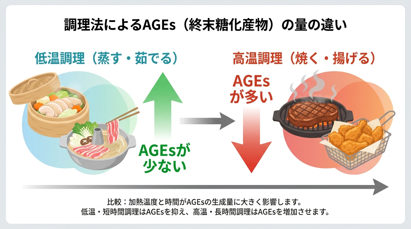 調理法によるAGEs量の違いを比較する図解。蒸す・茹でるといった低温調理はAGEsが少なく、焼く・揚げるといった高温調理はAGEsが多いことを示している。