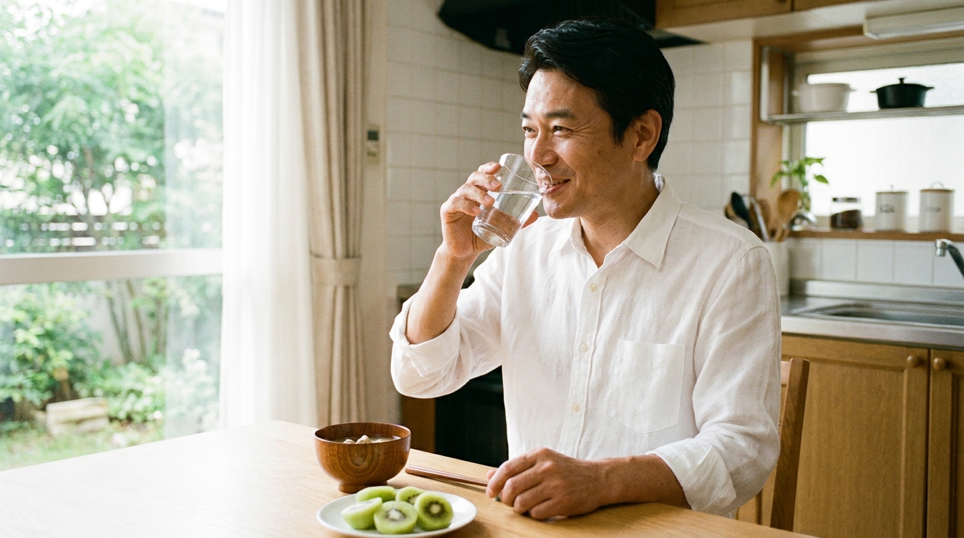 接待翌日の朝、しじみの味噌汁とフルーツで体をリセットする50代男性。