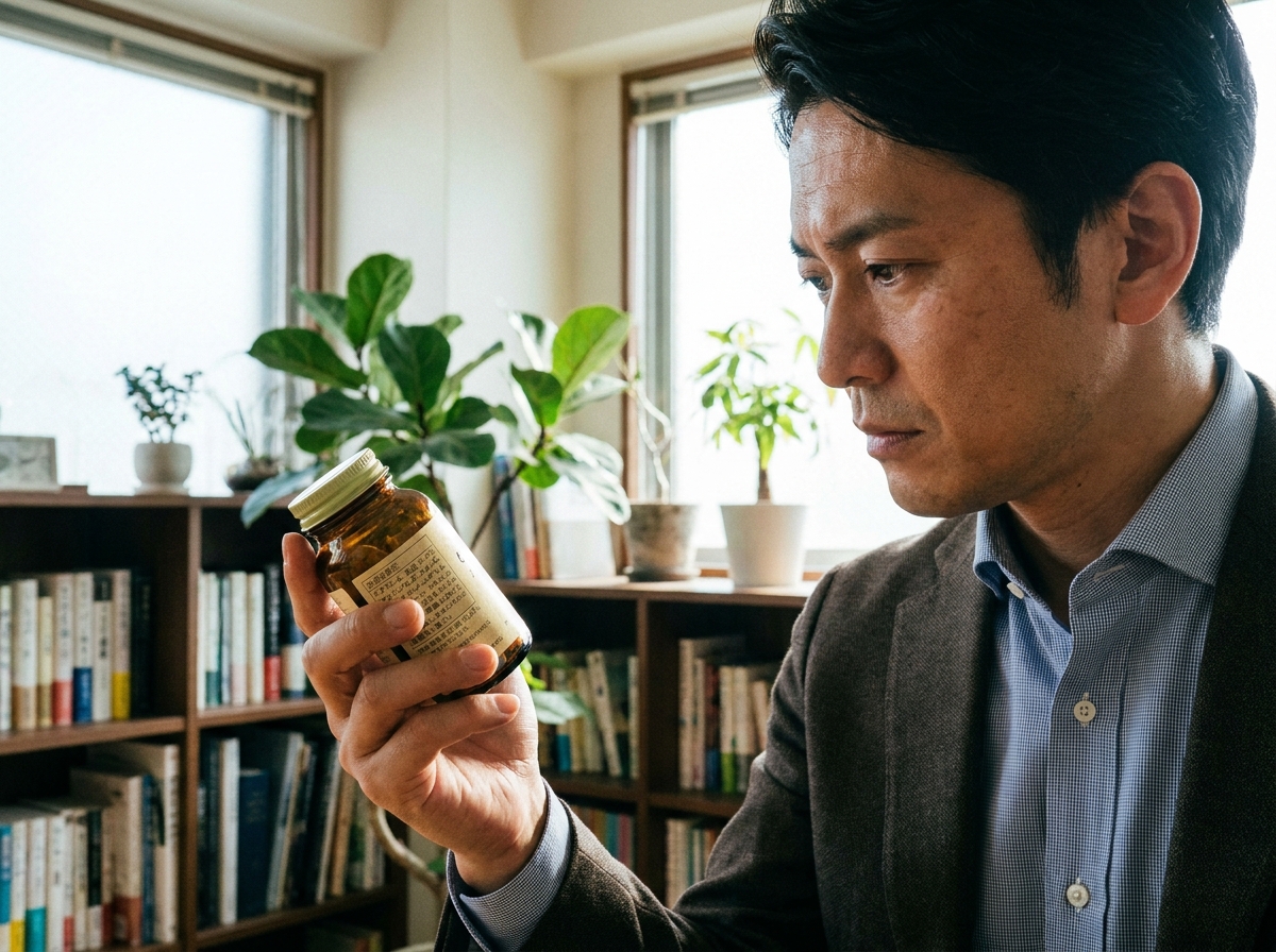 書斎でサプリメントの成分表示を真剣に確認するエグゼクティブ。自己管理意識の高さを示している。