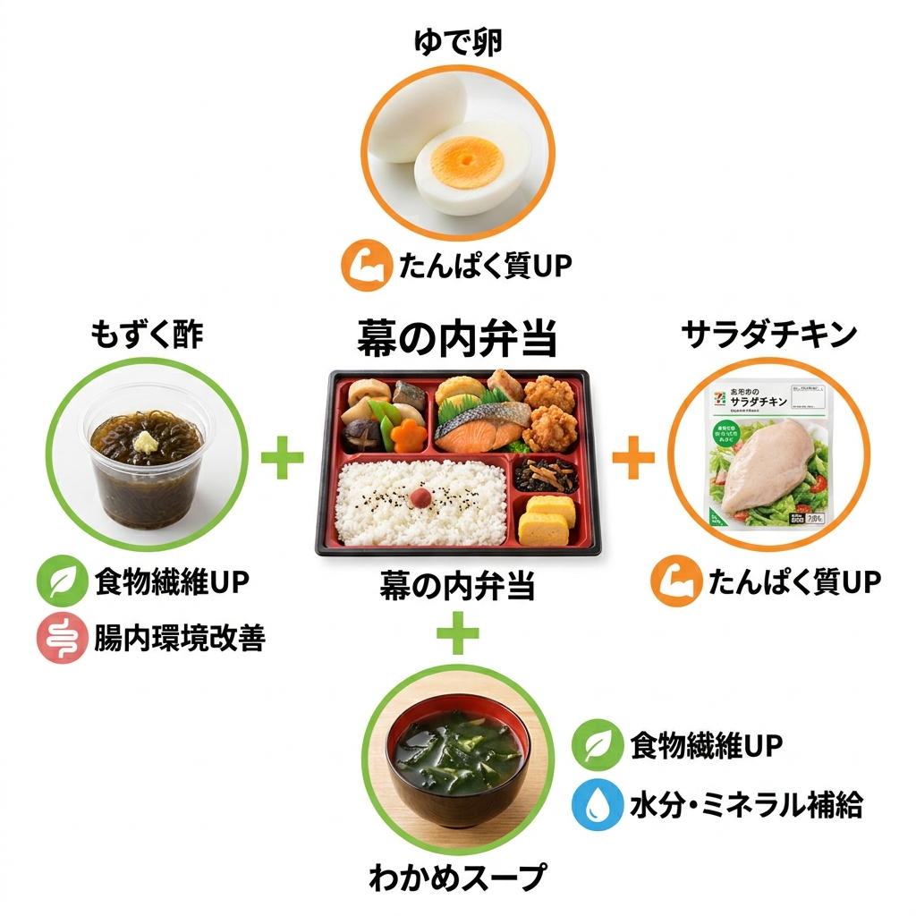 コンビニの幕の内弁当に、ゆで卵やわかめスープなどを「ちょい足し」して栄養バランスを改善する方法を示した図解。