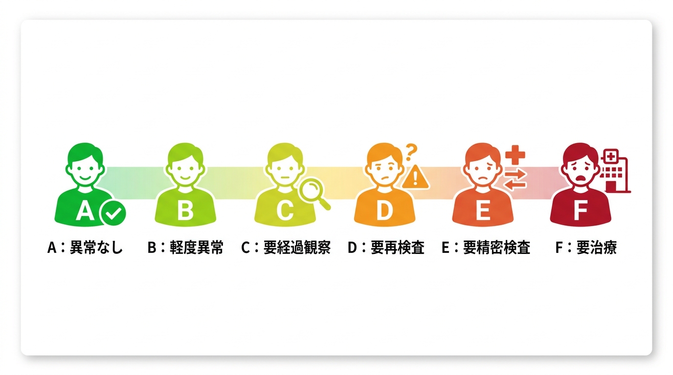 健康診断の判定区分AからFまでを信号機の色のように緑から赤で示した図解。それぞれの判定が意味する健康状態と推奨される行動が示されている。