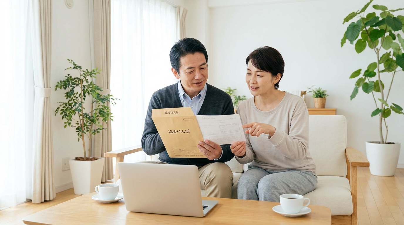 協会けんぽの特定健診について話し合う夫婦のイラスト。被扶養者の健康診断制度について理解を深めている様子。