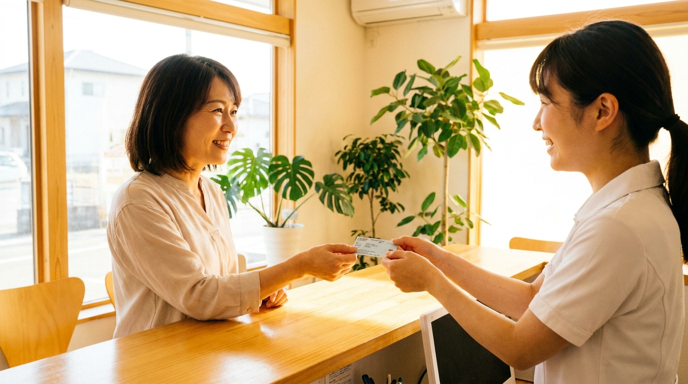 クリニックの受付で、健康保険証を提示しながら安心した表情でスタッフと話す女性。再検査に保険が適用されることを示唆している。