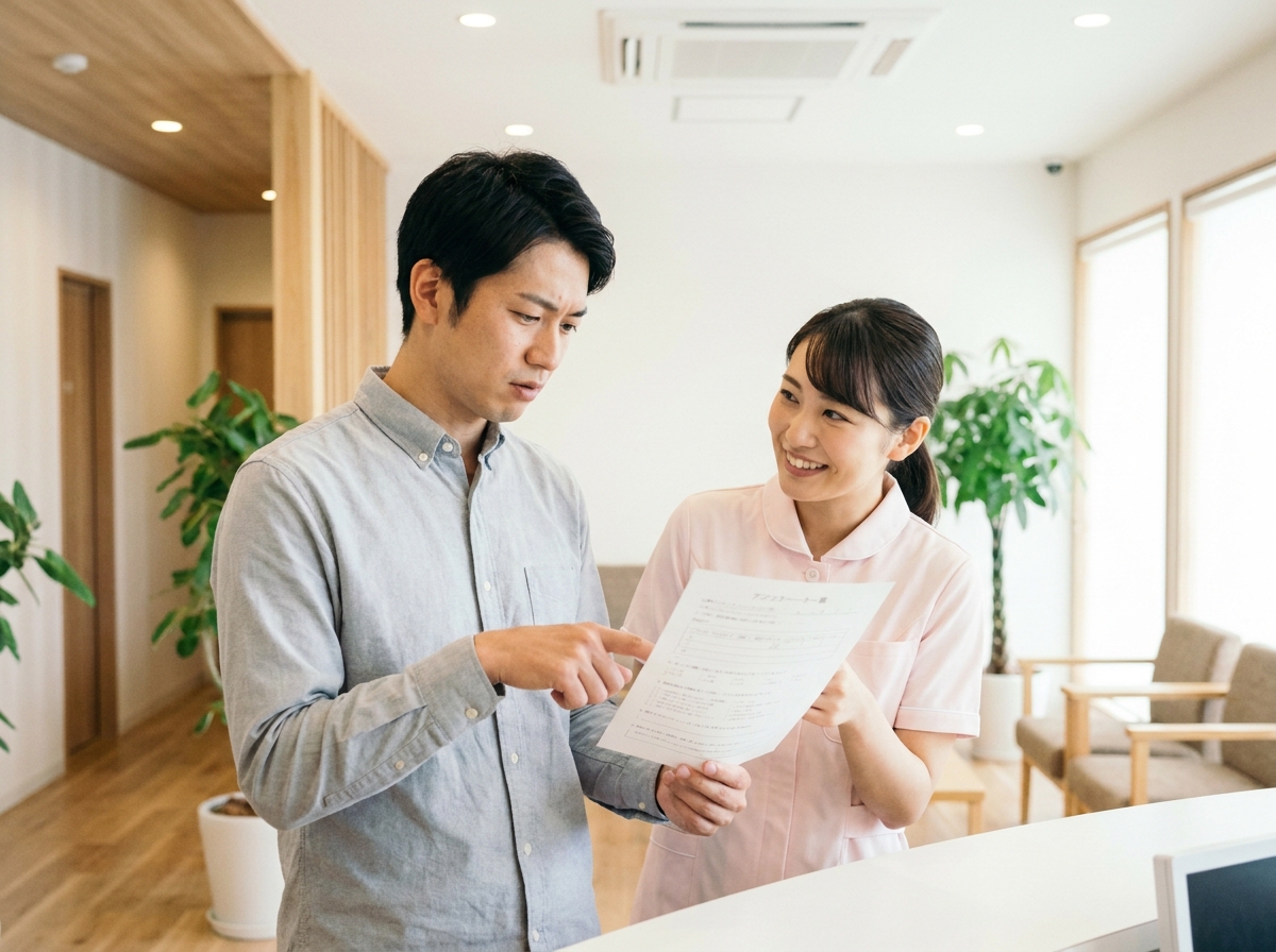 健康診断の受付で、前日の食事について正直に看護師に相談している男性のイラスト。