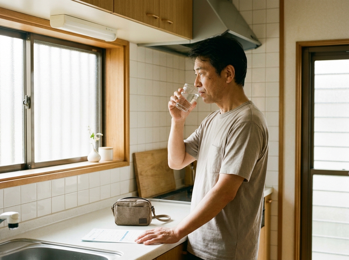 健康診断の当日の朝、朝日が差し込むキッチンでコップ一杯の水を飲む男性。健診当日の朝の正しい水分補給の様子。