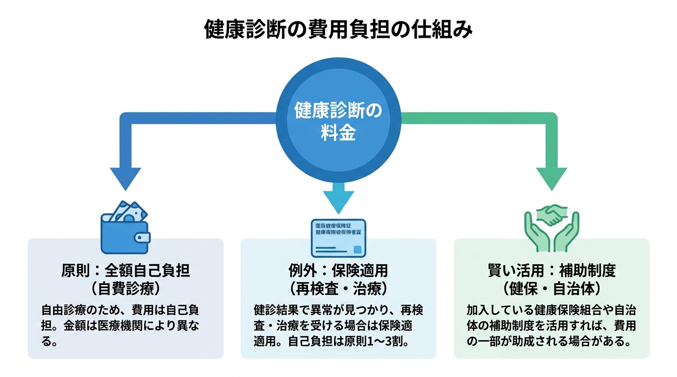 健康診断の料金が決まる3つのパターン(全額自己負担、保険適用、補助制度)を解説した図解。