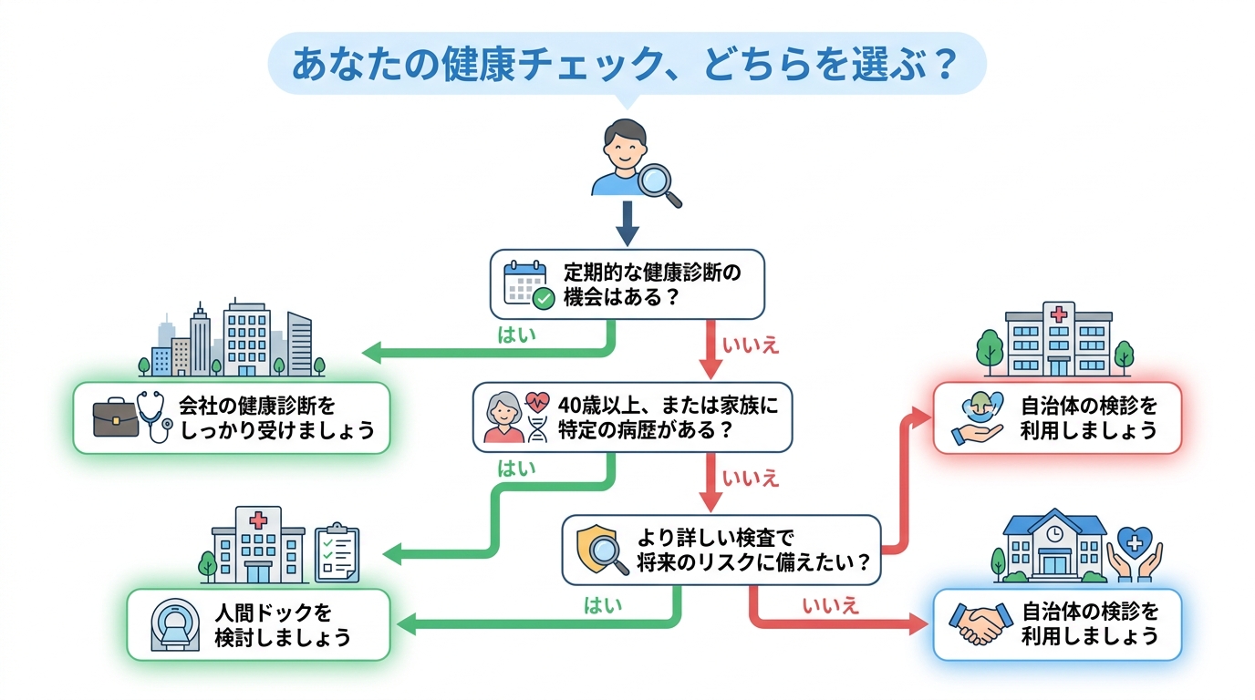 健康診断と人間ドックのどちらを選ぶべきかを示すフローチャート。簡単な質問に答えることで、自分に適した検査がわかる。