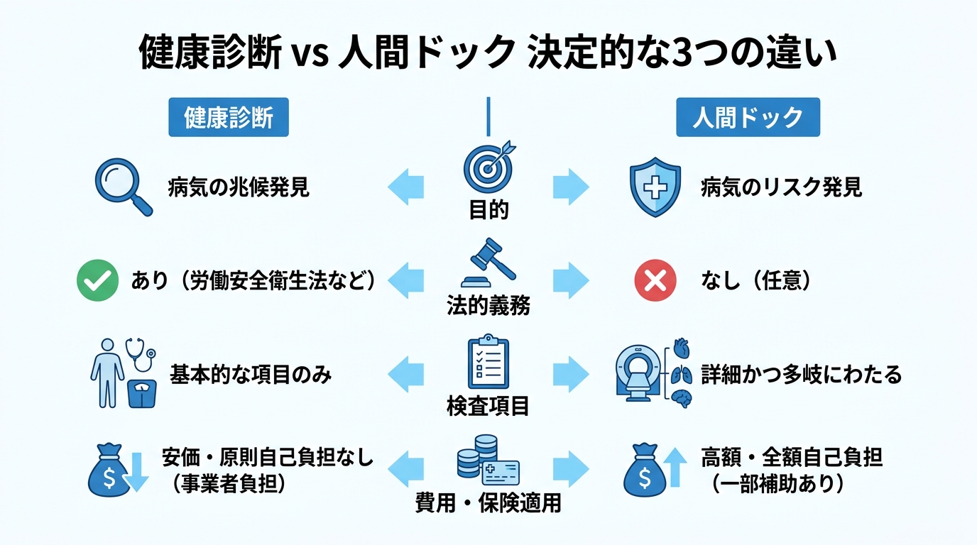 健康診断と人間ドックの目的、法的義務、検査項目、費用の違いを比較した図解。両者の特徴が一目でわかる。