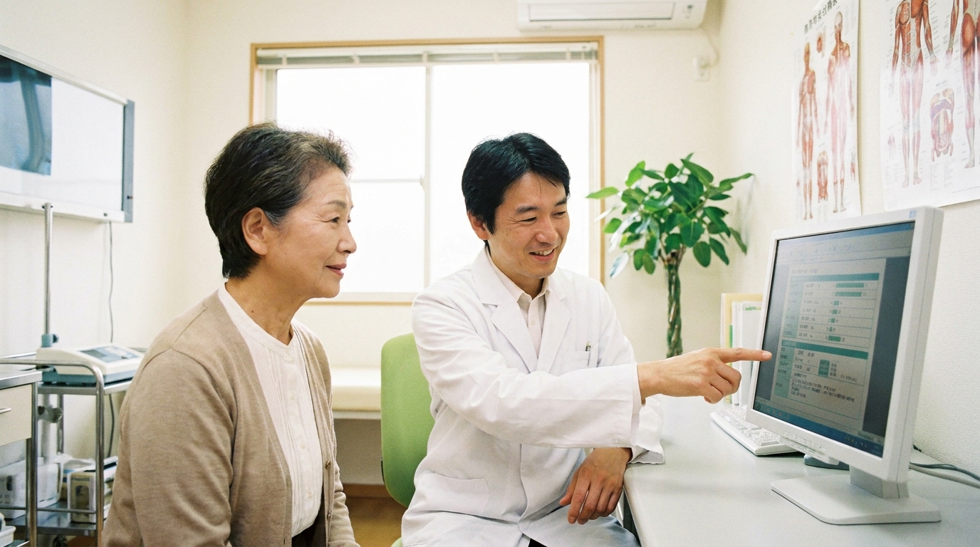 医師から健康診断の結果について丁寧な説明を受ける患者。料金だけでなく質の高い医療機関を選ぶことの重要性を示唆している。