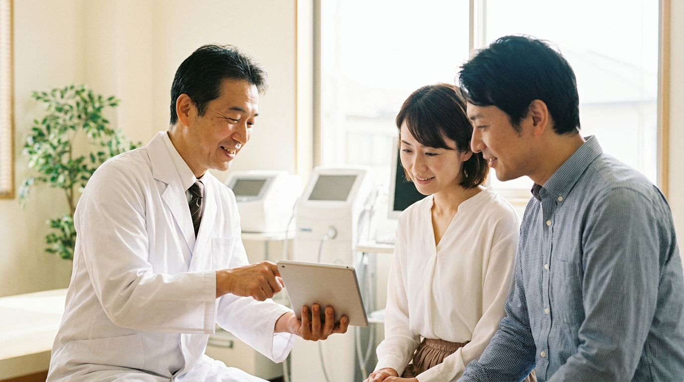 医師から人間ドックの結果について説明を受ける夫婦。自分の健康状態を理解し、将来の計画を立てている様子。